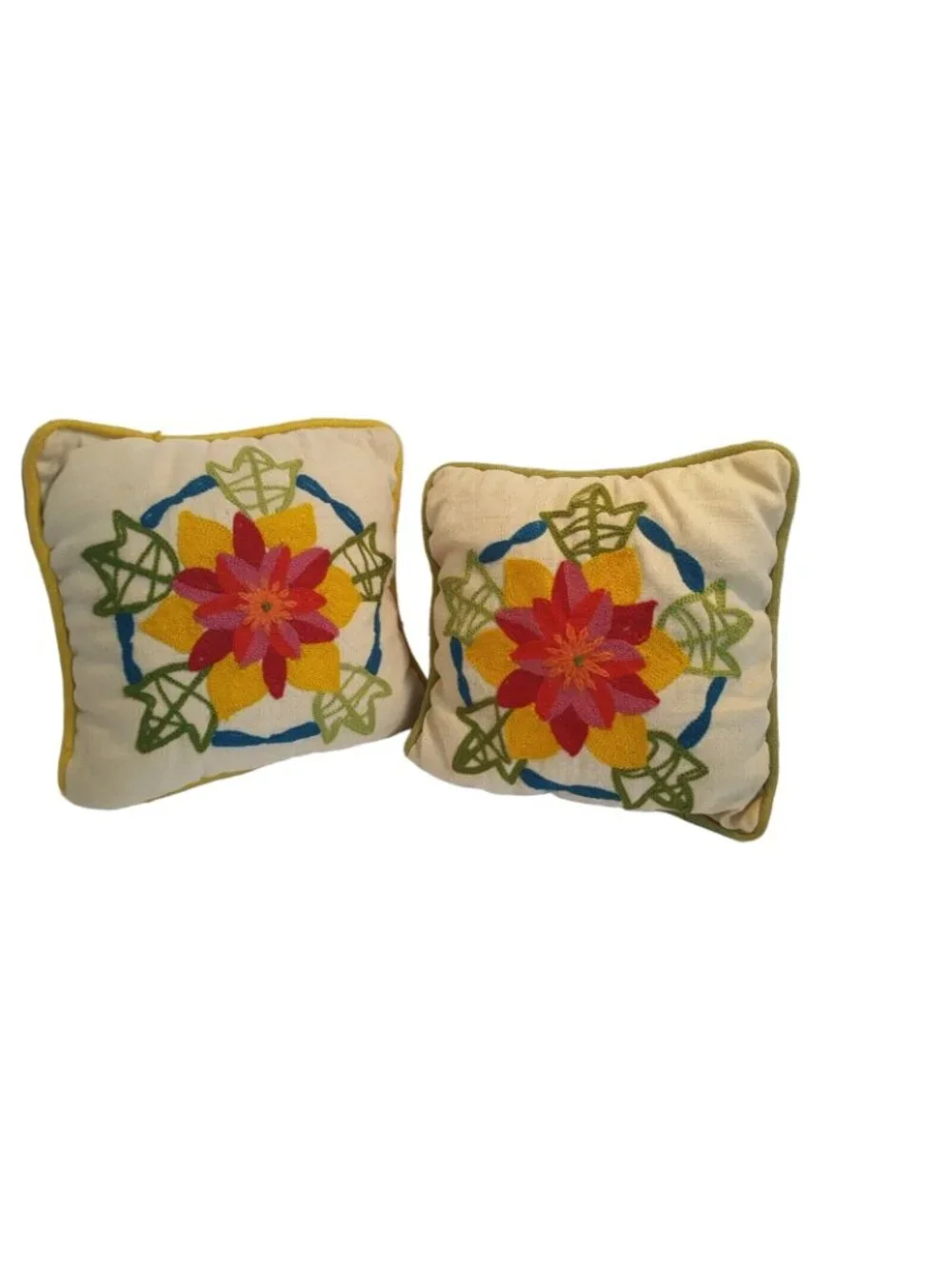 2 Vintage 70s Crewel Embroidered Throw Pillows Floral Avocado Green Harvest Gold